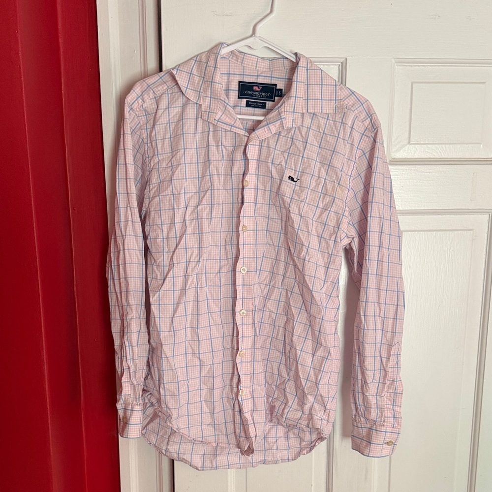Vineyard Vines Men's Casual Pink and Blue Plaid Shirt